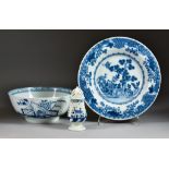 A Delft Pottery Bowl, Plate and a Pearlware Caster, the bowl painted with flowers and fence