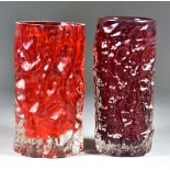 Geoffrey Baxter for Whitefriars Glass - Bark Cylindrical Vase in Ruby, 7.5ins high, and one other