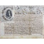 A Charles II Vellum Charter in Latin, the upper part with portrait of the monarch and Royal crest,
