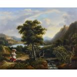 19th Century School - Oil painting - Mountain river landscape with washerwoman, child and dog on