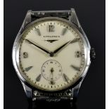 A Gentleman's Manual Wind Wristwatch, by Longines, stainless steel case, 40mm diameter, cream dial
