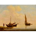 19th Century Dutch School - Pair of oil paintings - Seascapes with fishing vessels in calm waters,