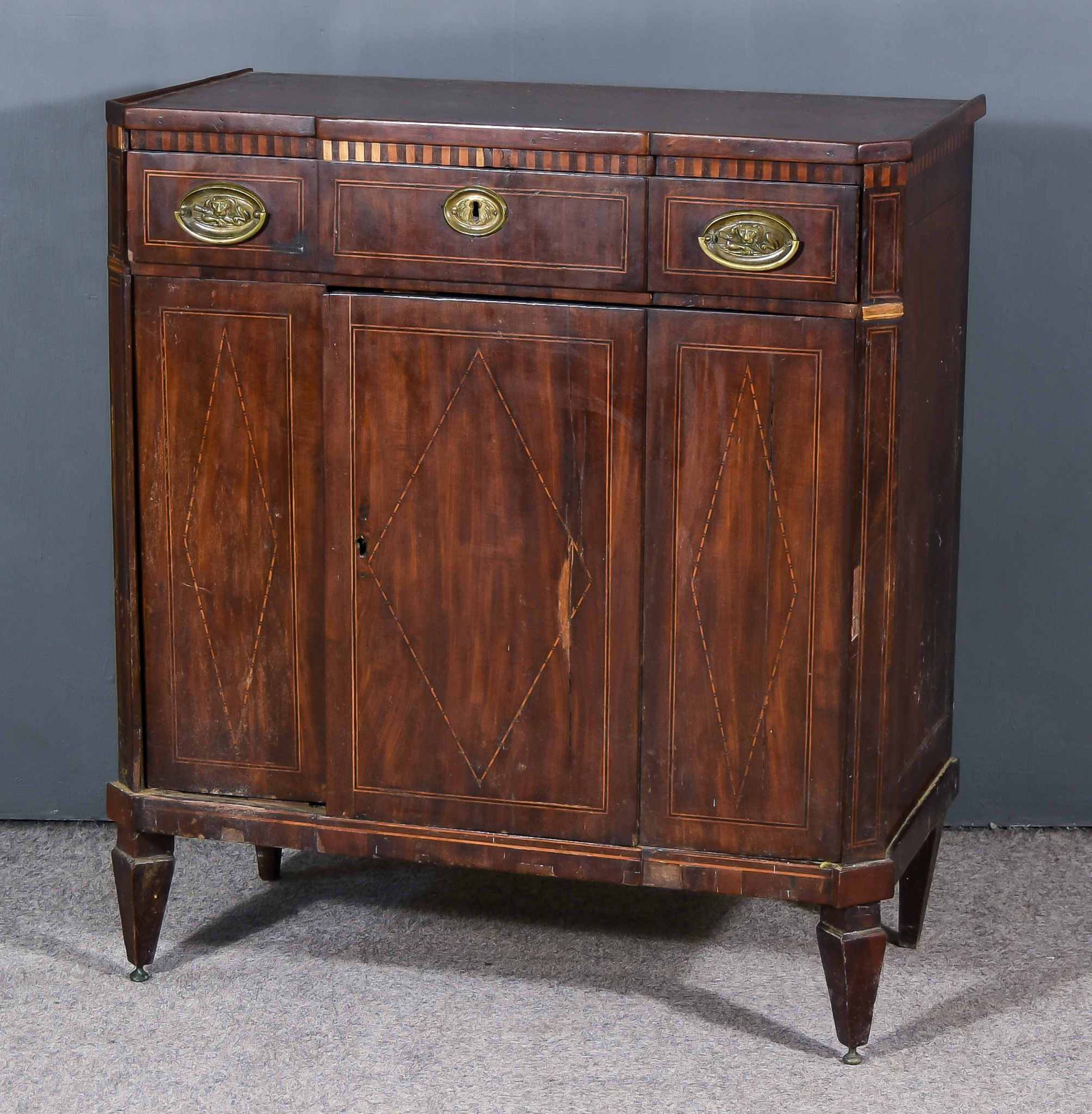 A 19th Century Continental Mahogany Dwarf Cabinet, with tray top, the whole inlaid with satinwood