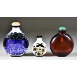 A Chinese White Opaque and Blue Overlaid Glass Snuff Bottle and Two Others, the blue overlaid bottle