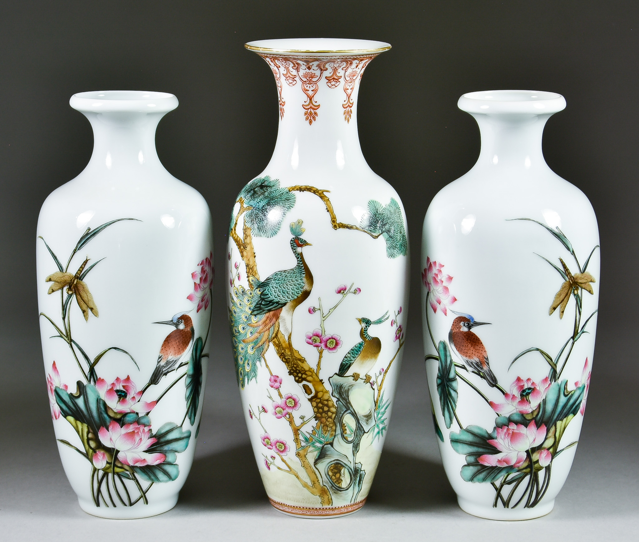 A Chinese Famille Rose Porcelain Vase and a Pair of Vases, 20th Century, the vase of slender