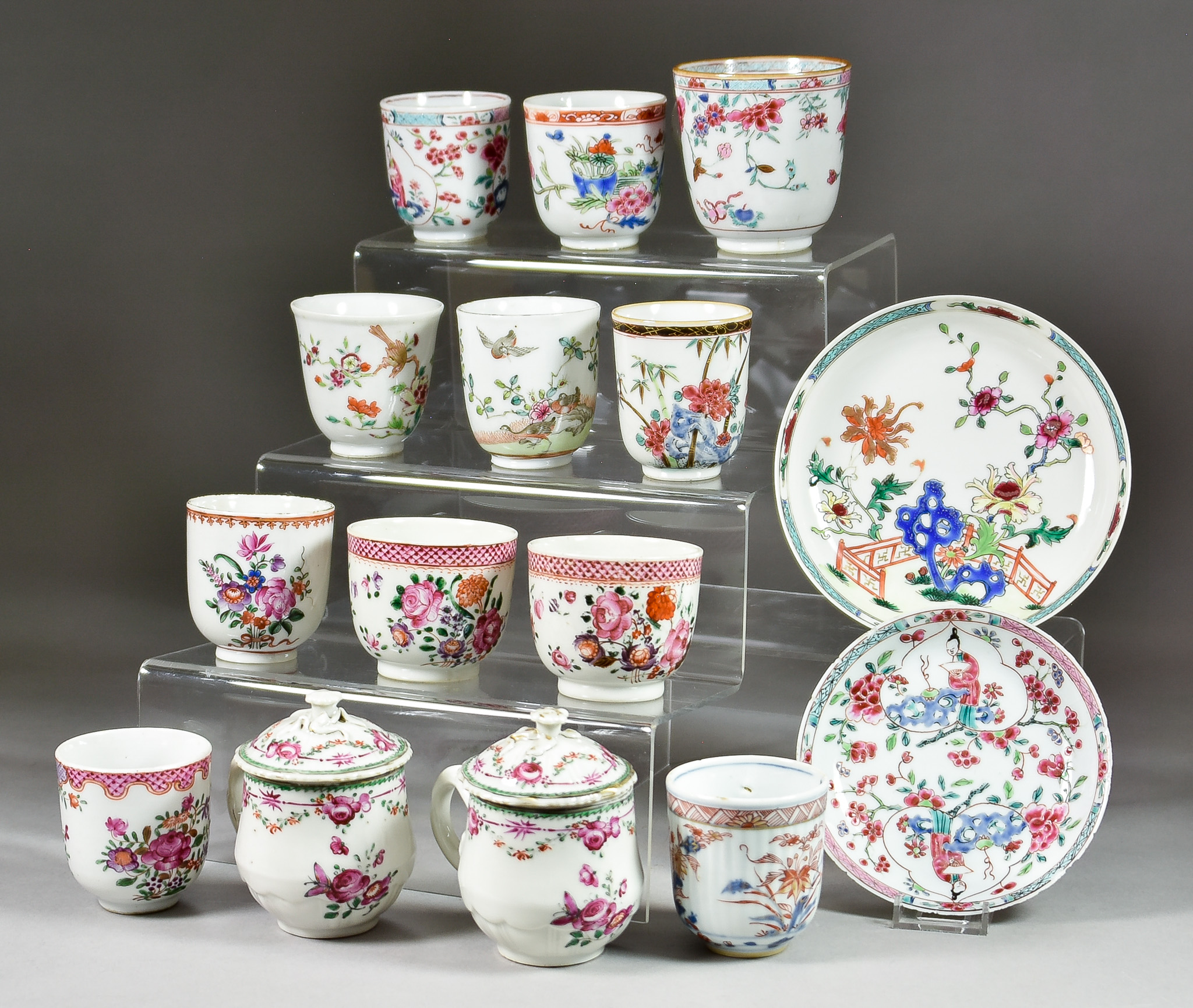 A Small Collection of Chinese Porcelain Coffee Cups, Custard Cups and Covers and Saucers, 18th