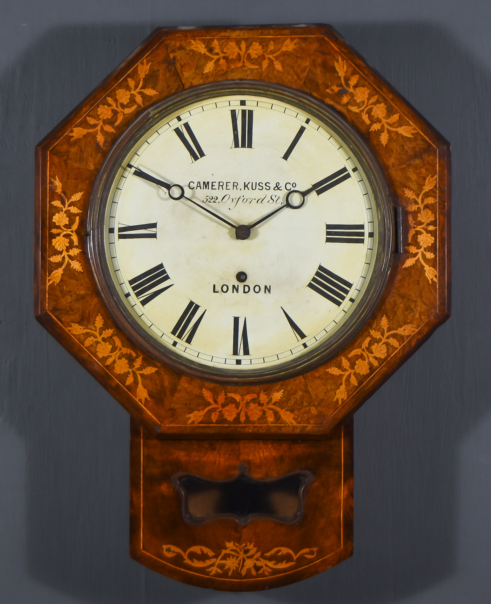 A 19th Century Walnut and Marquetry Drop Dial Wall Clock by W. Waight, 129 Fulham Road, Brompton and