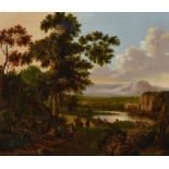 19th Century Continental School - Oil painting - Romantic river landscape with figures resting,