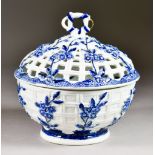 A Derby Blue and White Porcelain Chestnut Basket with Pierced Cover, Circa 1760, moulded in relief