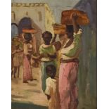 20th Century School - Oil painting - North African market scene, 13ins x 16ins, in gilt moulded