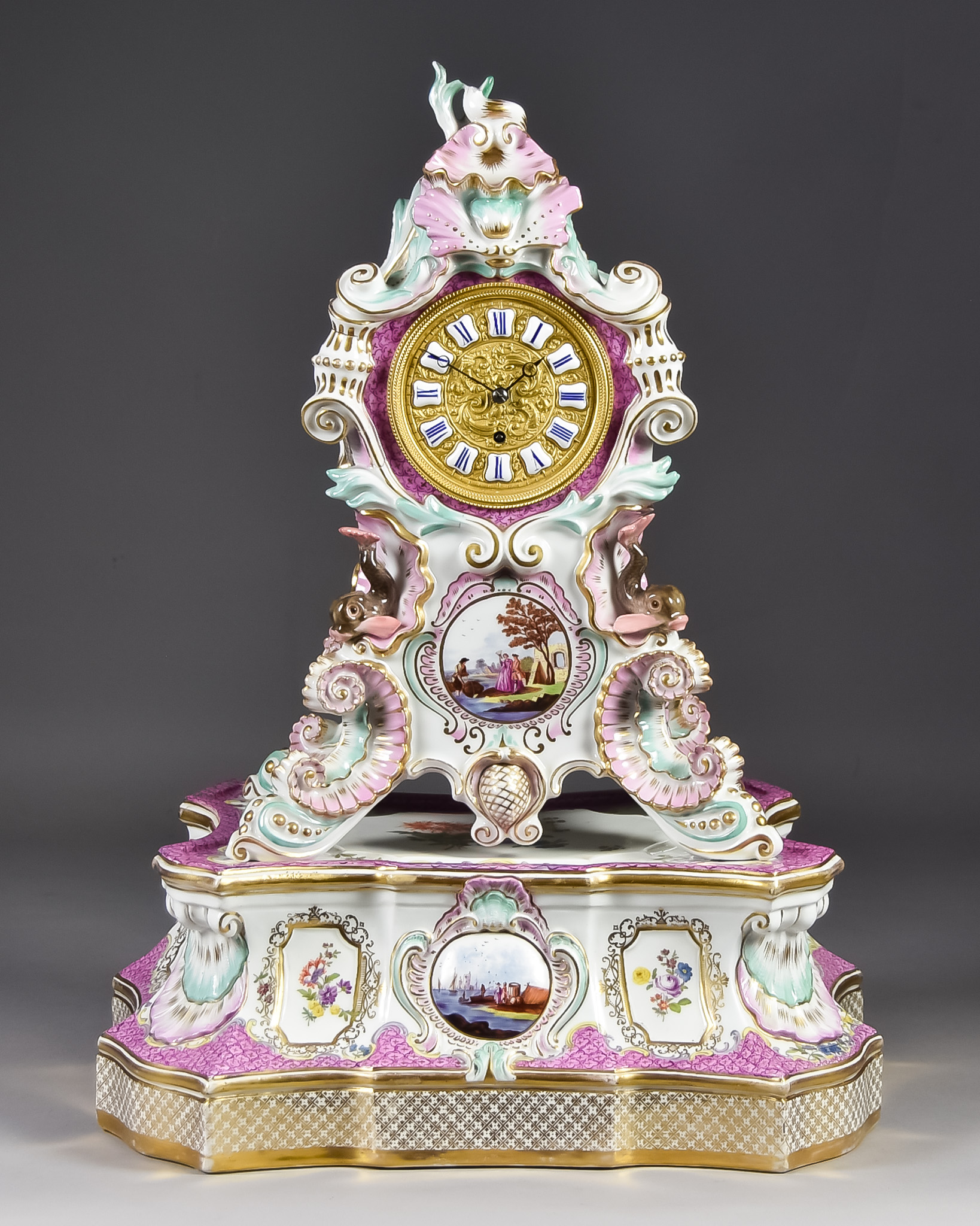 A 19th Century Meissen Porcelain Cased Mantel Timepiece in the Rococo Manner, the 3.5ins gilt dial