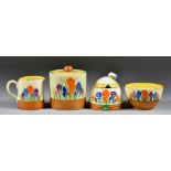 A Selection of Clarice Cliff Crocus Pattern, including miniature tankard-shaped jug, 2.5ins high,