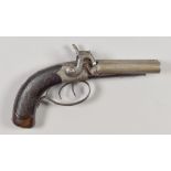 A .50 Double Barrelled Continental Percussion Pocket Pistol, plain steel barrels, 4ins, hard wood