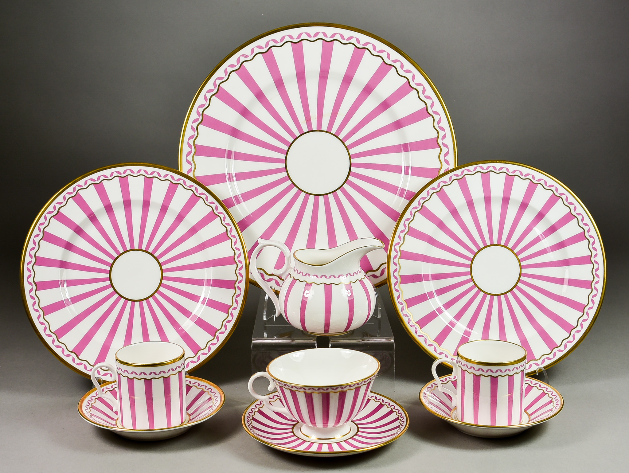 A Thomas Goode "Carousel" Pattern Part Tea Service, with gilt and pink detail, comprising - three