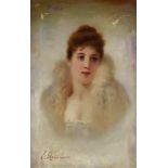 E. Latalane ( ?) - Oil Painting - Shoulder-length portrait of a young woman wearing fur collar,