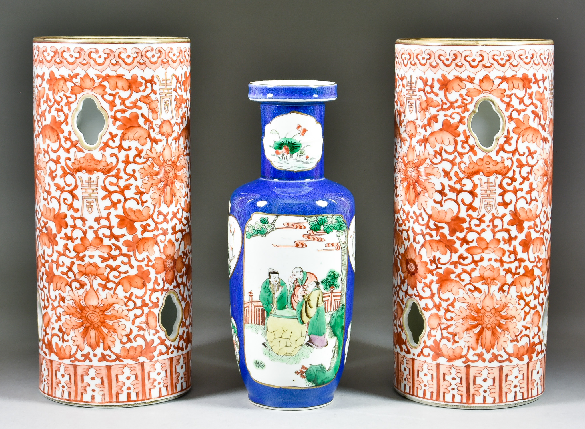 A Chinese Porcelain Vase, 20th Century, with panels enamelled in colours with figures on a terrace