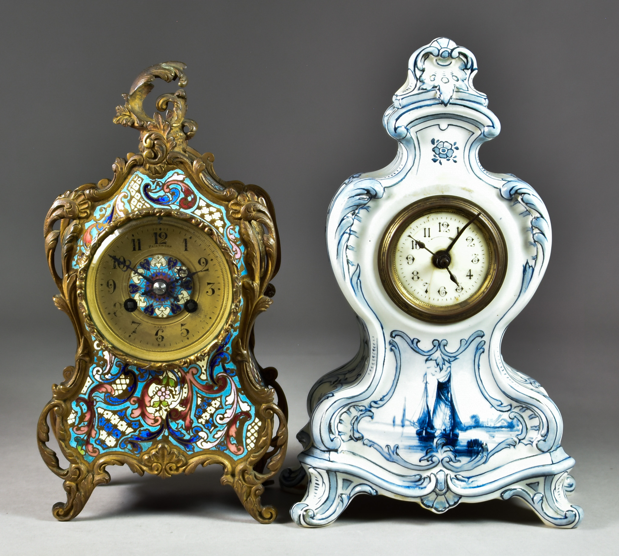 A Late 19th Century French Gilt Metal Mounted and Champleve Mantel Clock and a Porcelain Clock,