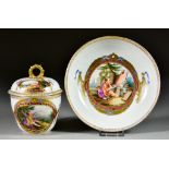 A Volkstedt Porcelain Cabinet Cup, Cover and Saucer, Late 18th Century, enamelled in colours with