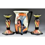 A Pair of Lorna Bailey Old Ellgrave Pottery Chetwyn Candlesticks, 6ins high and a Lorna Bailey