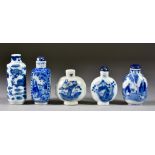 A Chinese Blue and White Porcelain Cylindrical Snuff Bottle and Four Others, the cylindrical