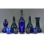 A Small Collection of Bristol Blue, Green and Mauve Glass, 19th Century, including - blue bottle