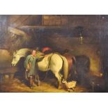 19th Century English School - Stable hand with three horses in a stable, relined canvas 25.5ins x