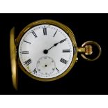 A Keyless Half Hunting Cased Pocket Watch, 18ct gold case, 48mm diameter, white enamelled dial