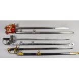 Three Re-enactor Quality Replica Swords, comprising - one basket hilt with nickel scabbard, one