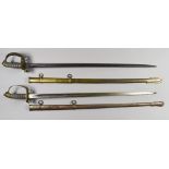 Two 19th Century Officers Dress Swords, one by Thurkle of Soho, bright steel blade, 32ins, brass