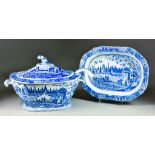 A Staffordshire Blue and White Pottery, Rectangular Two-Handled Soup Tureen Cover and Ladle and