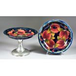 A Moorcroft Pottery Tazza, tube-lined and decorated in 'Pomegranate' pattern on a blue ground,