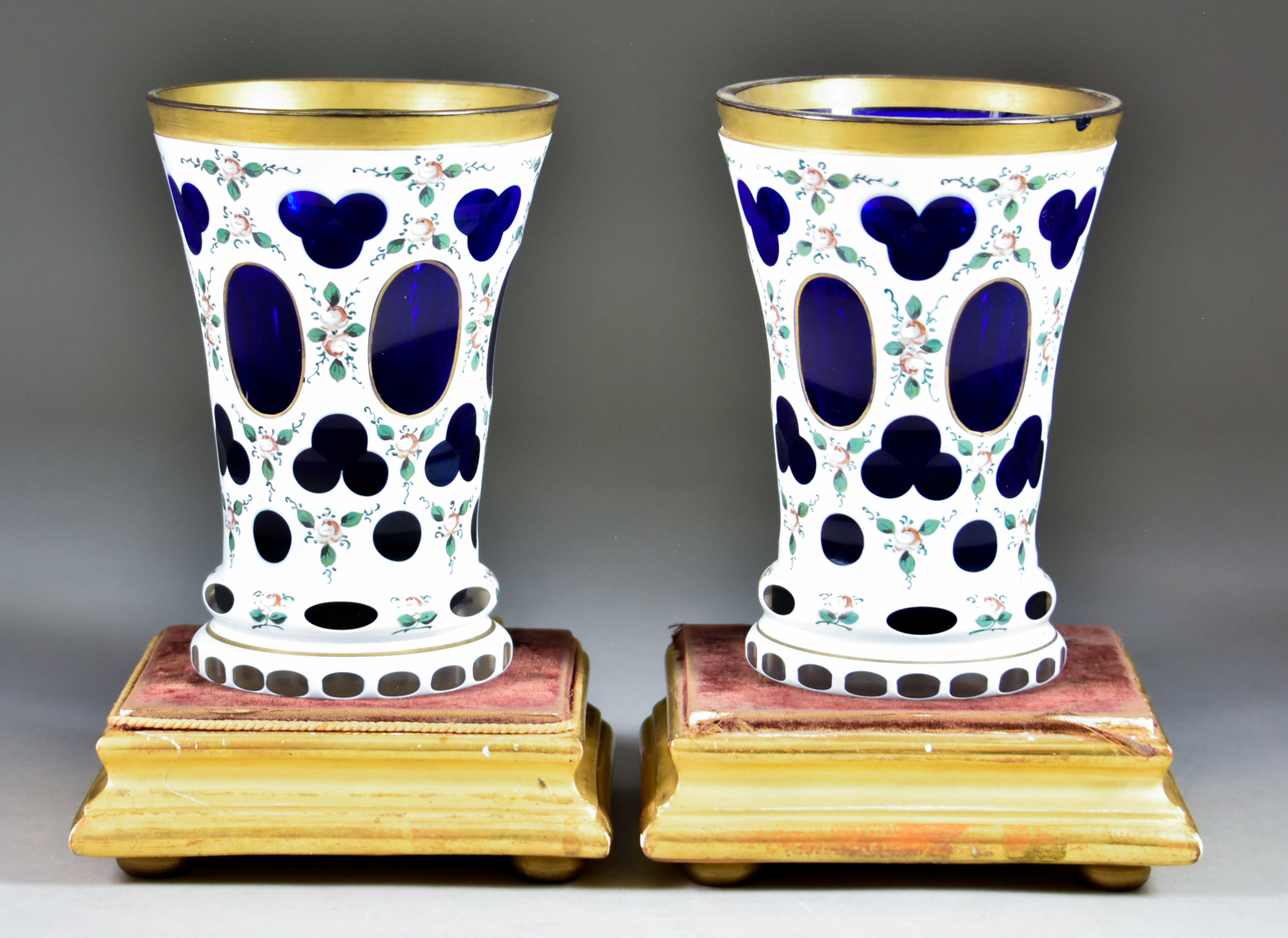A Pair of Bohemian Blue and White Overlaid Glass Vases, 19th Century, of cylindrical tapered form