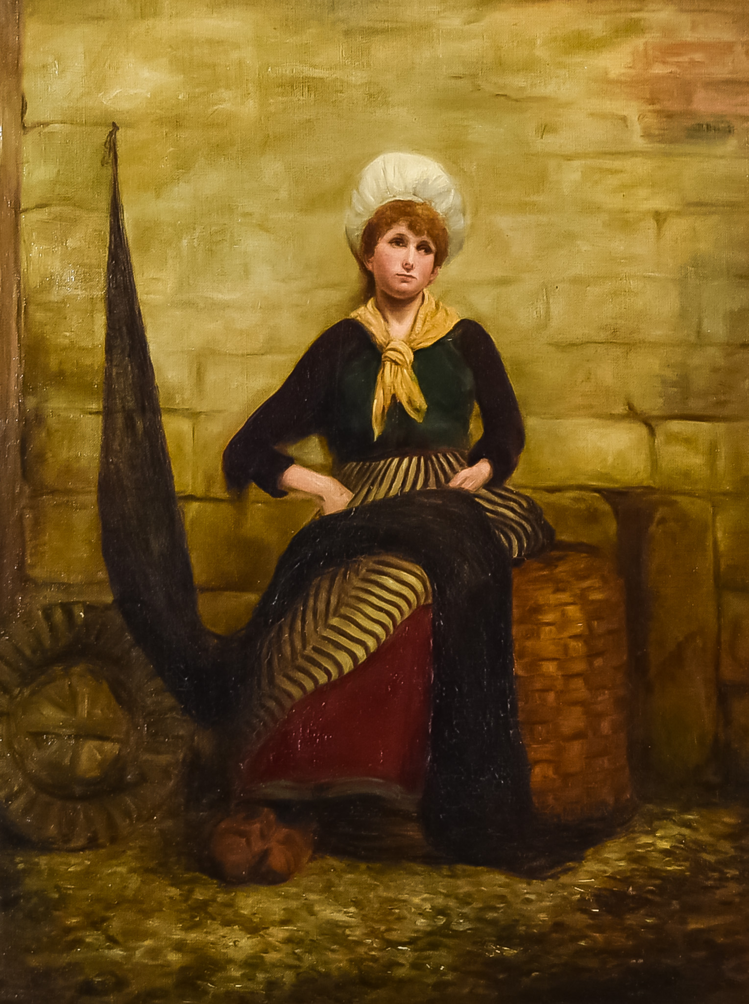 19th Century School - Oil painting - Seated portrait of a young girl, a net draped over her knees,
