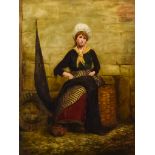 19th Century School - Oil painting - Seated portrait of a young girl, a net draped over her knees,