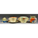 A Selection of Clarice Cliff Ceramics, comprising - a conical cup and saucer decorated in bands of