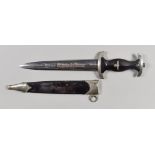 A WWII German SS Dagger, no visible makers mark, bright steel double edge blade, 8 1/2ins, etched