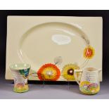 A Clarice Cliff Biarritz Rectangular Plate, decorated in orange, yellow and brown Rhodanthe pattern,