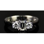 A Platinum Three Stone Diamond Ring, Modern, set with three diamonds, the centre diamonds being of