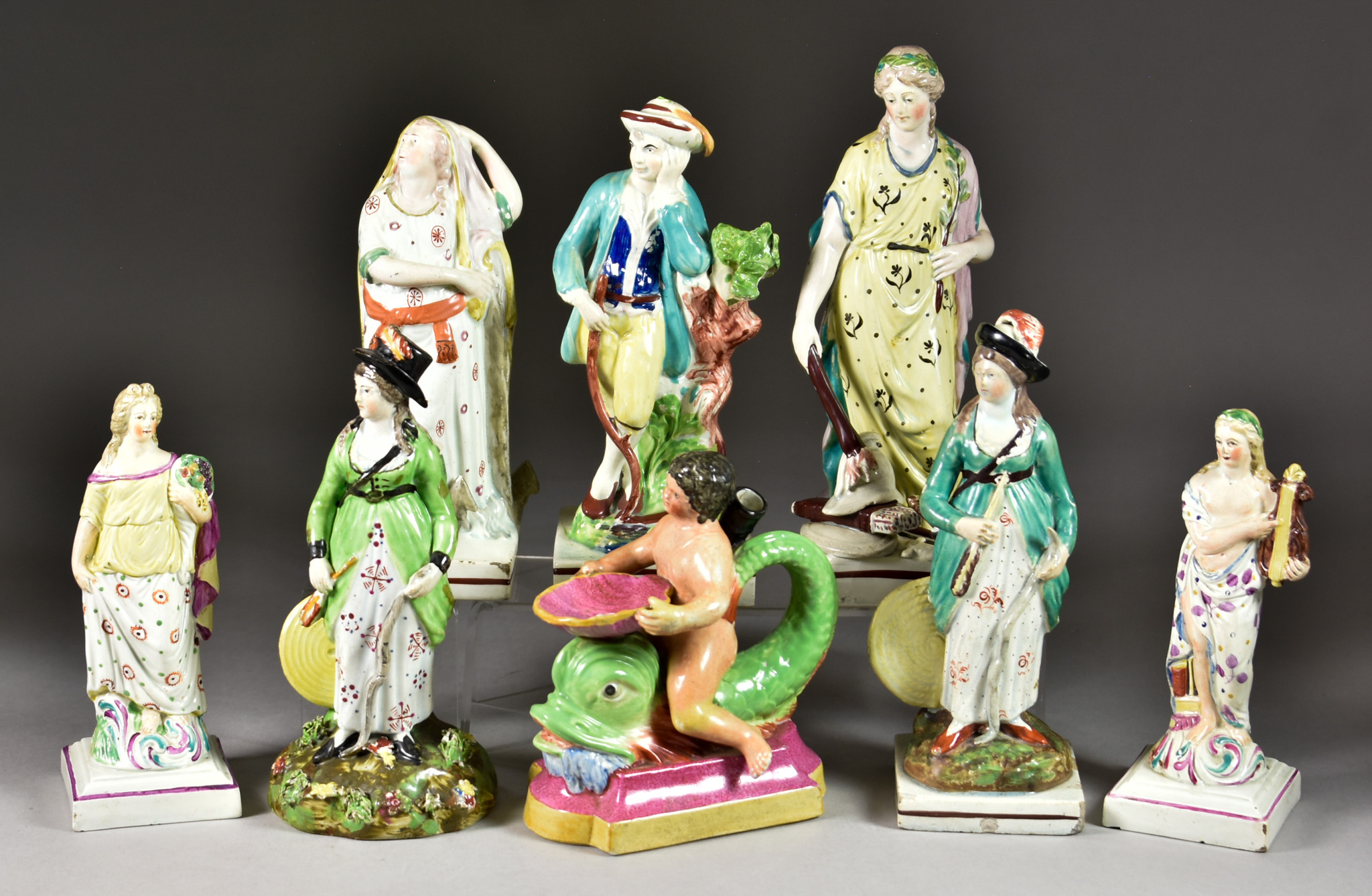 Eight Staffordshire Pearlware Figures, 19th Century, including a pair - "Ceres" and "Apollo" on