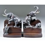 A Pair of Japanese Brown Patinated Bronze Bookends of Stepped Form, Meiji Period, modelled with