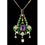 An Enamel and Gem Set Pendant, Early 20th Century, floral swag pendant, set with small diamonds,