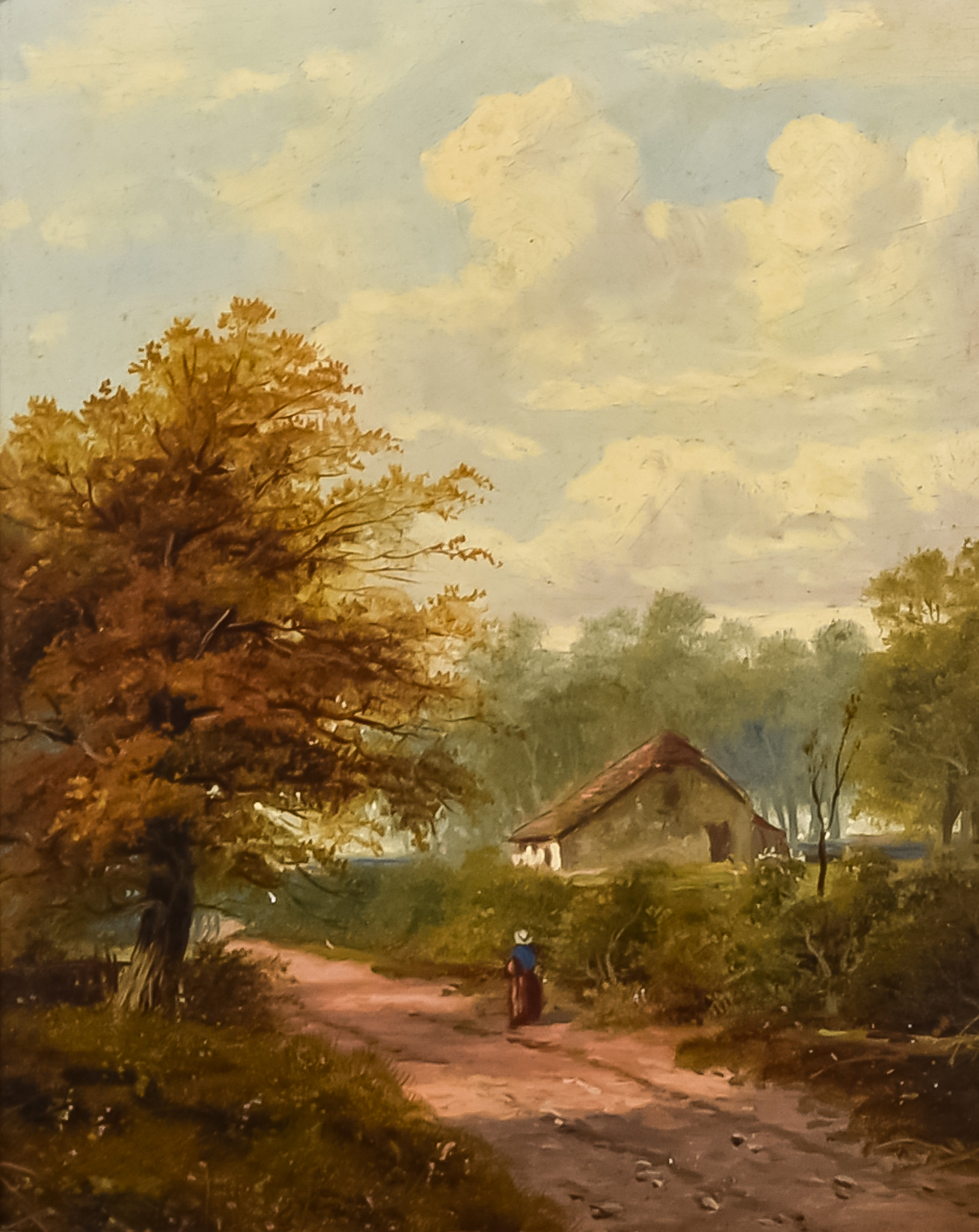 19th Century School - Oil painting - Rural landscape with figure on pathway with cottage and trees