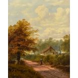 19th Century School - Oil painting - Rural landscape with figure on pathway with cottage and trees