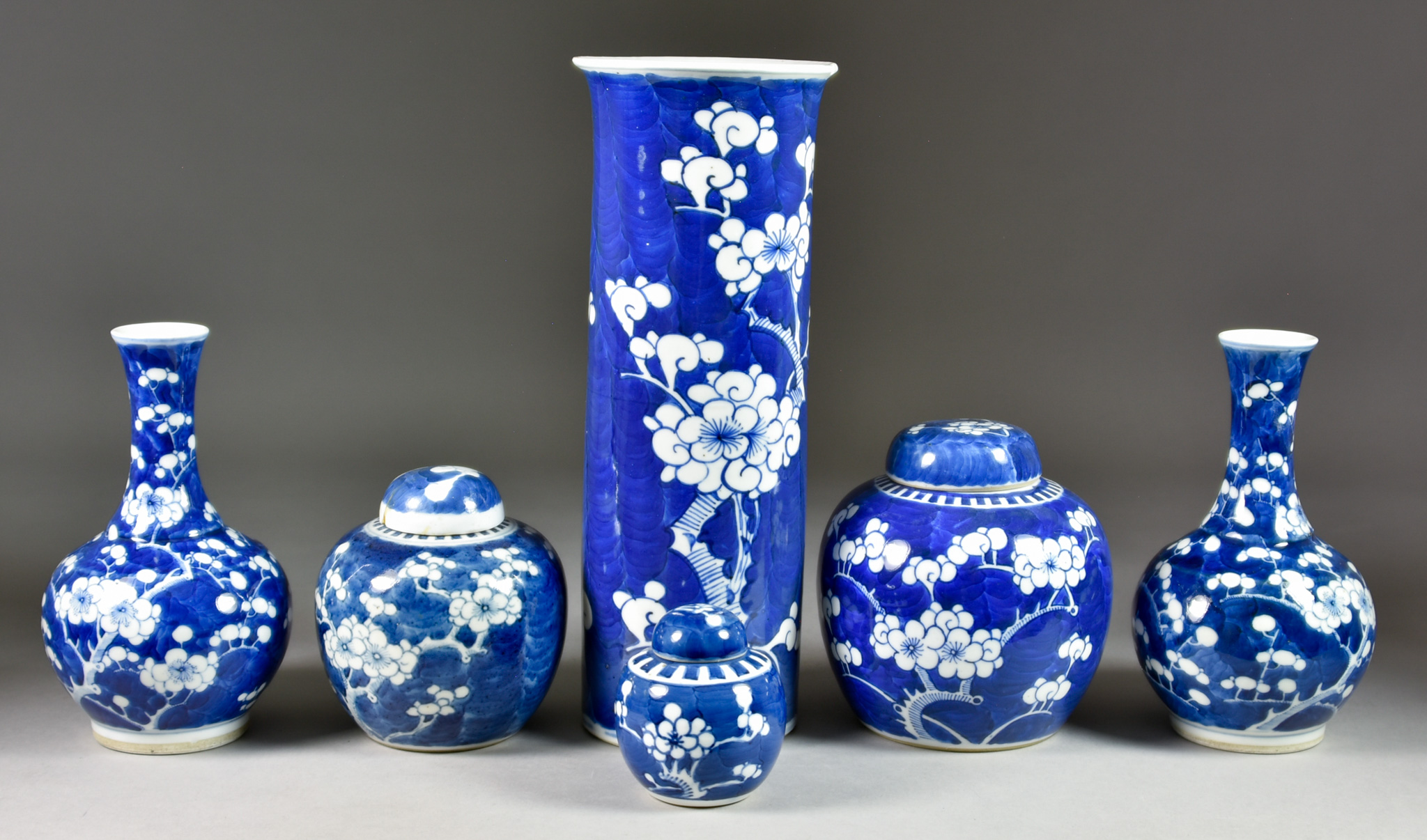 A Pair of Chinese Blue and White Porcelain Bottle Vases, 19th Century, painted with prunus