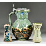 A Selection of 20th Century Ceramics, including - a pewter-lidded jug, incised with Art Nouveau