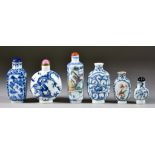 A Chinese Blue and White Porcelain Snuff Bottle of Square Section and Five Others, the square
