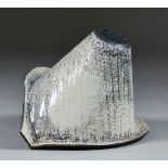 Raku Studio Pottery Vase of Collared Angular Form, with ridges to glazed exterior and unglazed