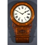 A Late 19th Century Walnut and Marquetry Drop Dial Wall Clock, the 12ins diameter cream painted dial