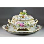 A French Porcelain Oval Tureen, Cover and Stand, Early 20th Century, painted in colours and