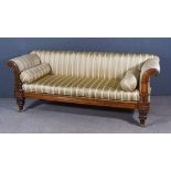 An Early Victorian Mahogany Scroll End Settee, upholstered in "Regency" striped silk, the arms